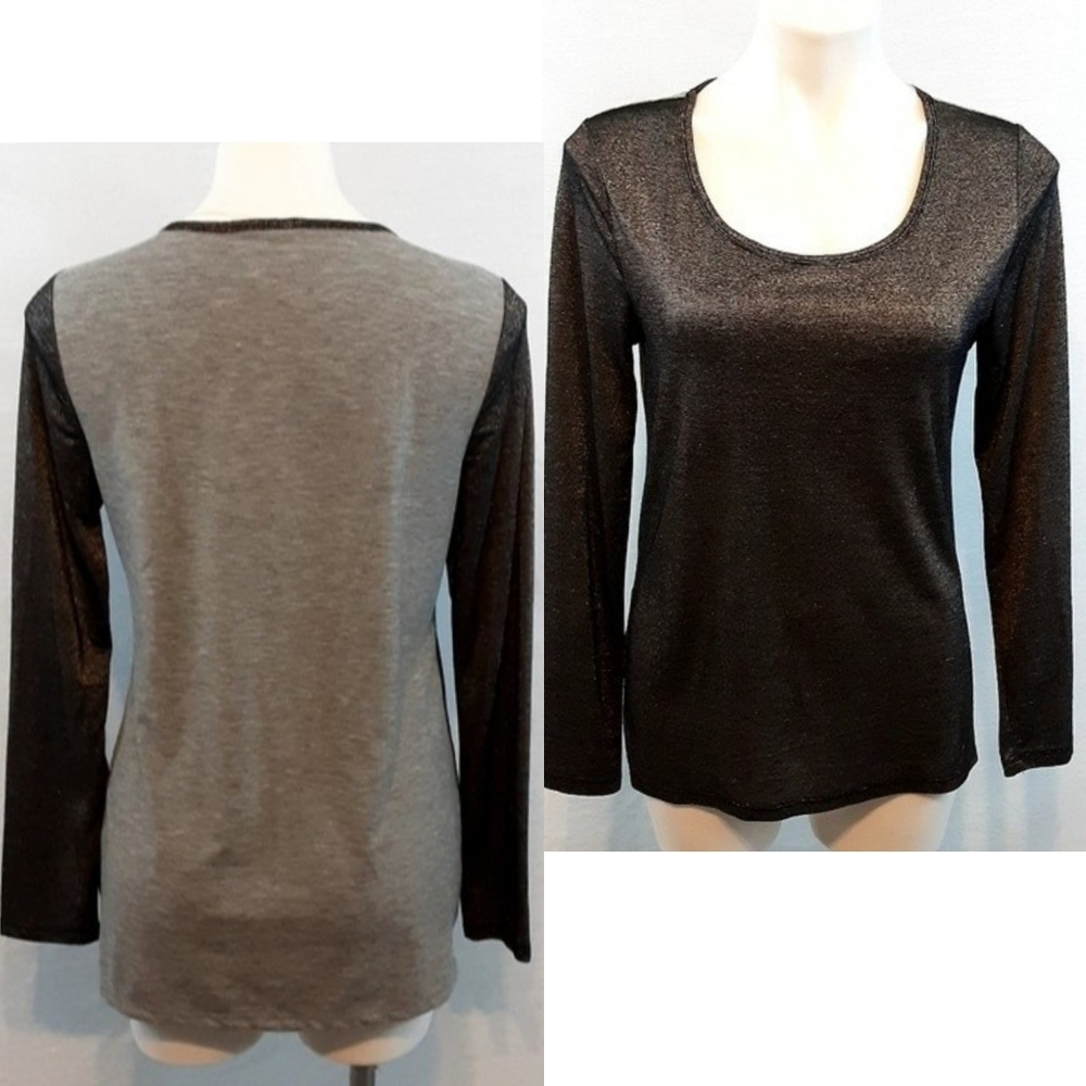 Faded Glory Metallic Gray High Low Scoop Neck Long Sleeve Top Small Casual Chic